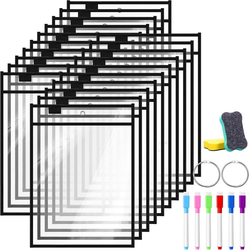 Tosstuki 20 Sets Oversized Reusable Dry Erase Pocket Clear Plastic Sleeve Protector with 2 Rings 6 Pens 2 Erasers 10x14 Inch Job Ticket Holder Work Order Sleeve for Teacher Office Supplies (Black) - Image 1